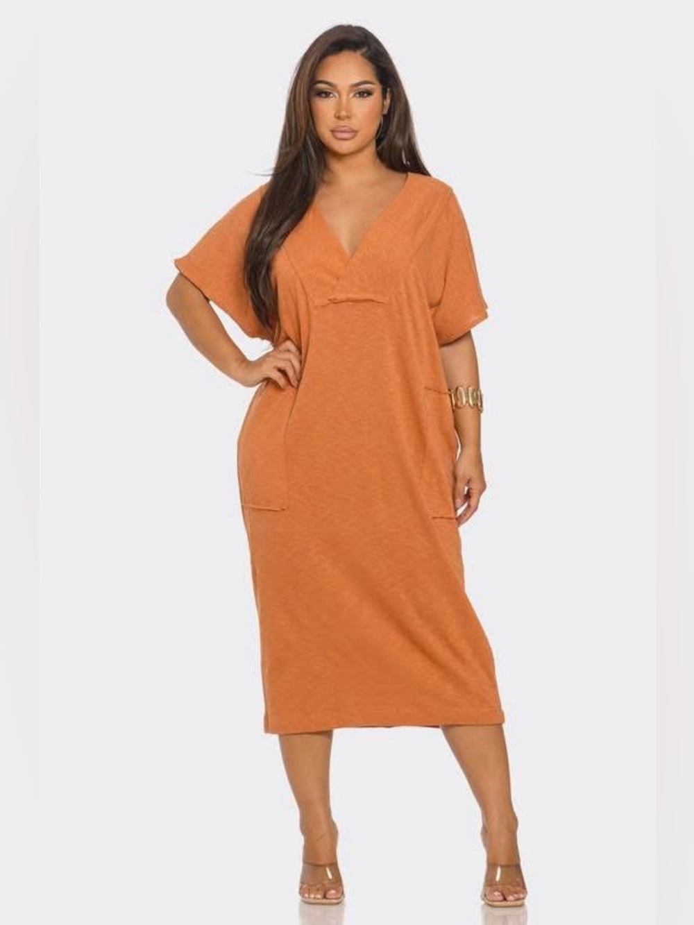 NWOT Rust Orange V-Neck Midi Dress